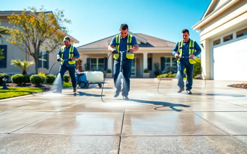 Concrete cleaning service in action, showcasing transformation and professionalism.