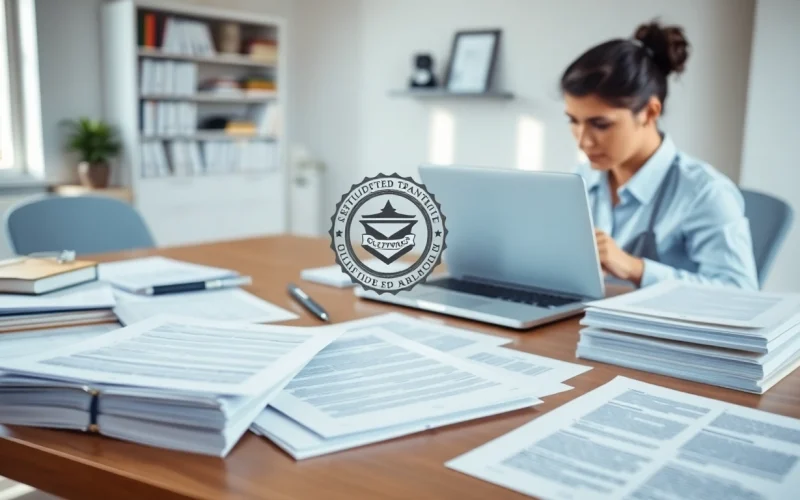 Prozess der beglaubigten Übersetzung, der eine beglaubigte Übersetzung in einem professionellen Büro zeigt.