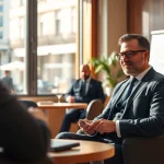 Headhunter Gastronomie führt ein professionelles Gespräch mit einem Kandidaten in einem modernen Büroambiente.