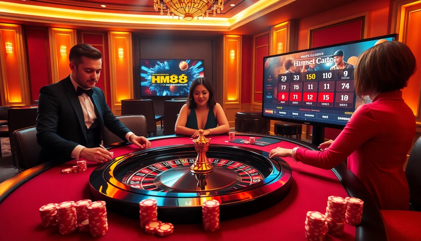 Play poker at HM88's luxurious casino with vibrant chips and thrilling atmosphere.