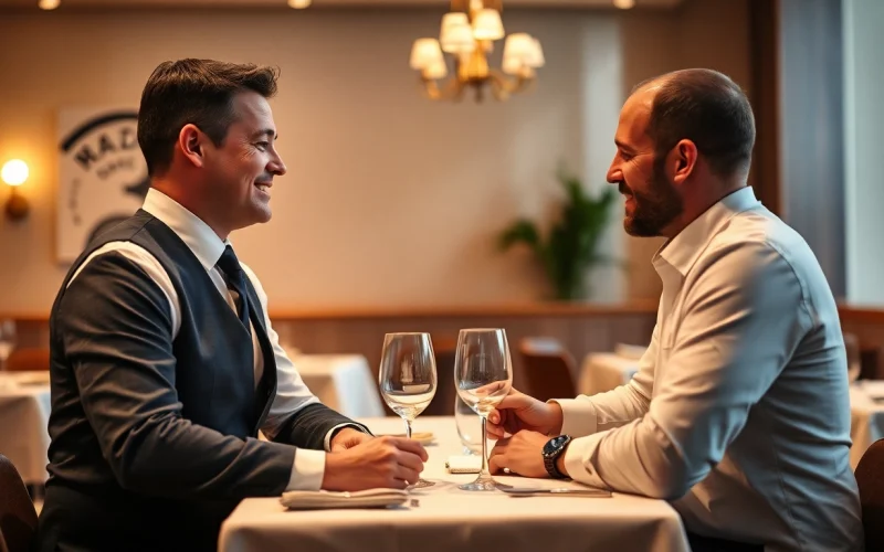 Headhunter Gastronomie bespricht Lebenslauf mit Restaurantmanager in elegantem Umfeld.