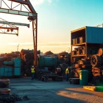 Effizientes Schrottplatzgelände in Wuppertal, das Schrotthändler Wuppertal-Dienstleistungen zeigt, während Arbeiter recycelbare Metalle bearbeiten.