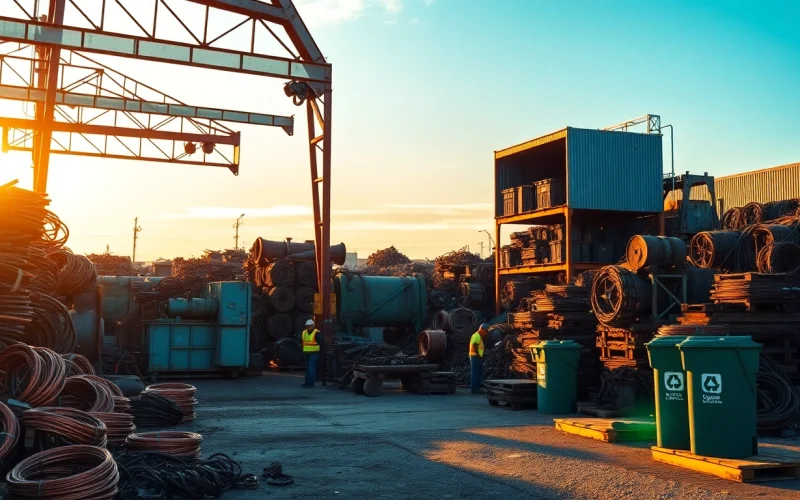 Effizientes Schrottplatzgelände in Wuppertal, das Schrotthändler Wuppertal-Dienstleistungen zeigt, während Arbeiter recycelbare Metalle bearbeiten.