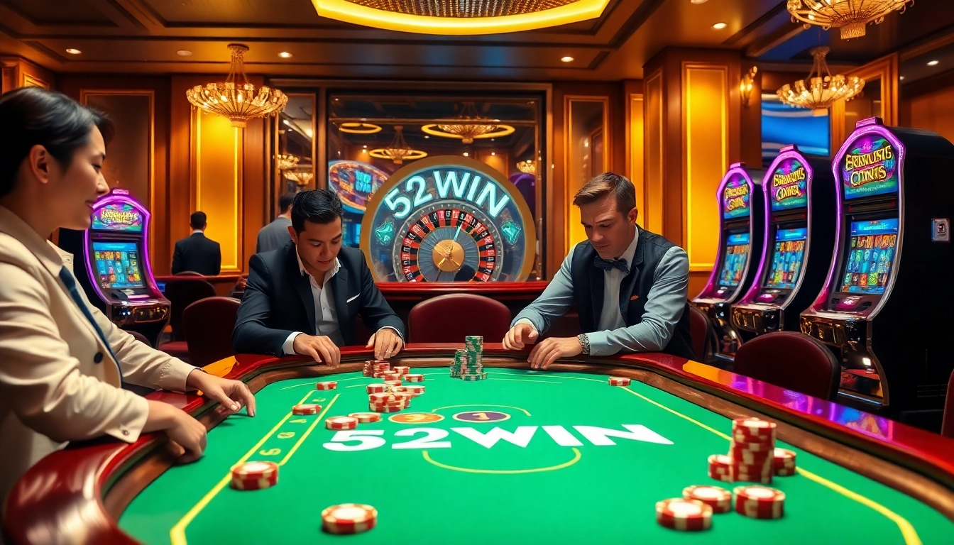 Players enjoying an exciting game at a 52WIN-themed poker table in a luxurious casino.