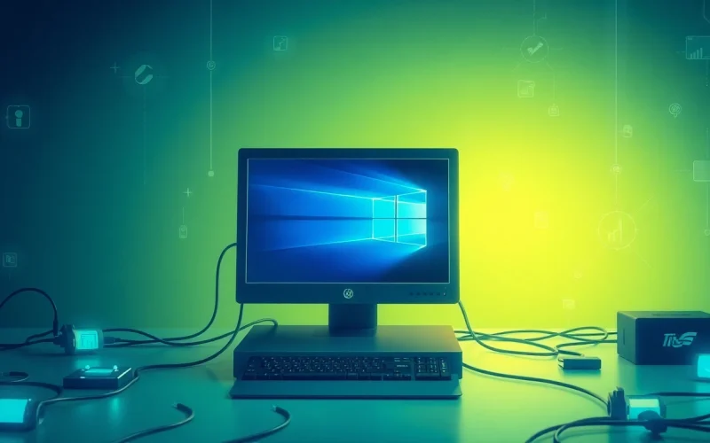 Entdecken Sie, wie Sie Windows 11 für PC herunterladen und aktivieren können, auf einem modernen Computer mit Technologie-Elementen.