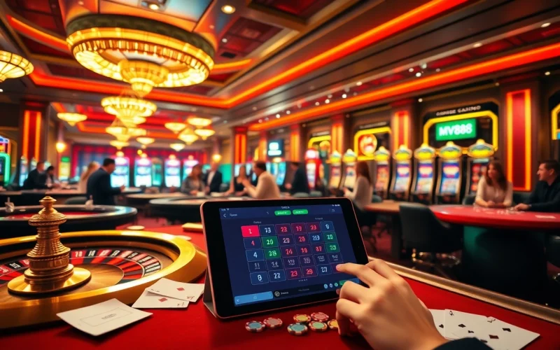 Gamblers enjoying their time at MV88 casino with a vibrant roulette wheel and poker tables.