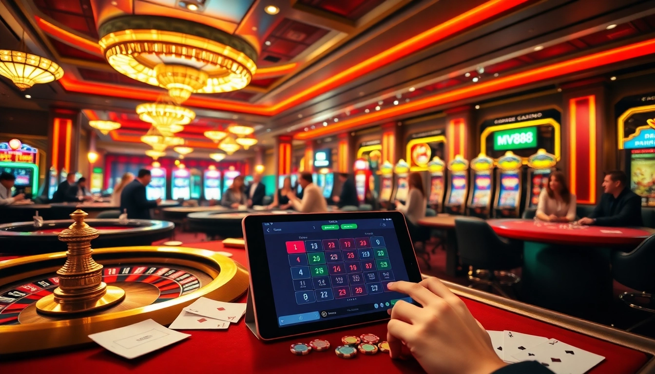 Gamblers enjoying their time at MV88 casino with a vibrant roulette wheel and poker tables.