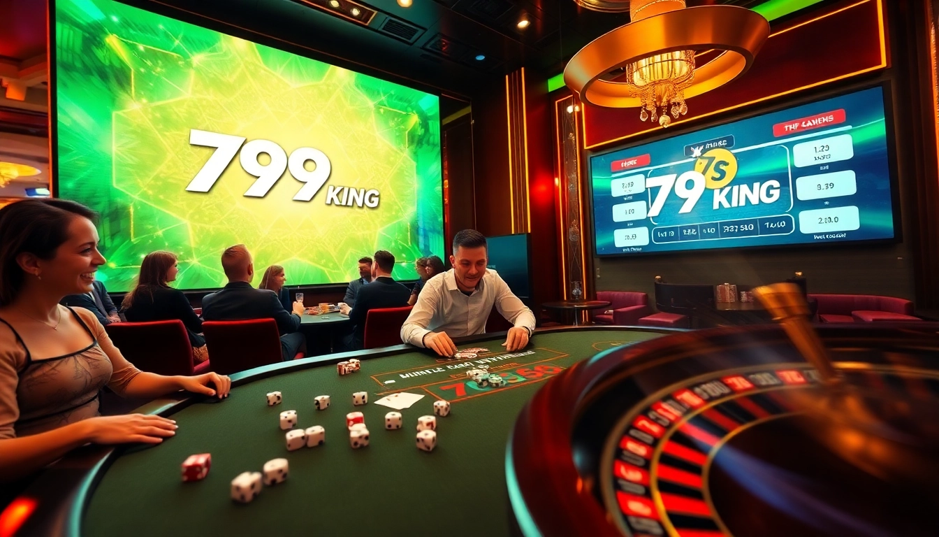 Players enjoying a thrilling poker game at 79KING casino, surrounded by vibrant lights and excitement.