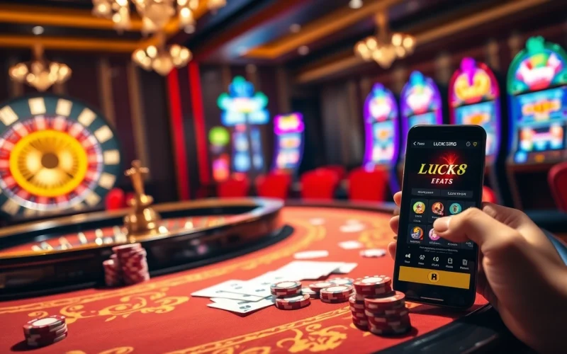 LUCK8 online gambling atmosphere with casino tables, vibrant slot machines, and poker elements.