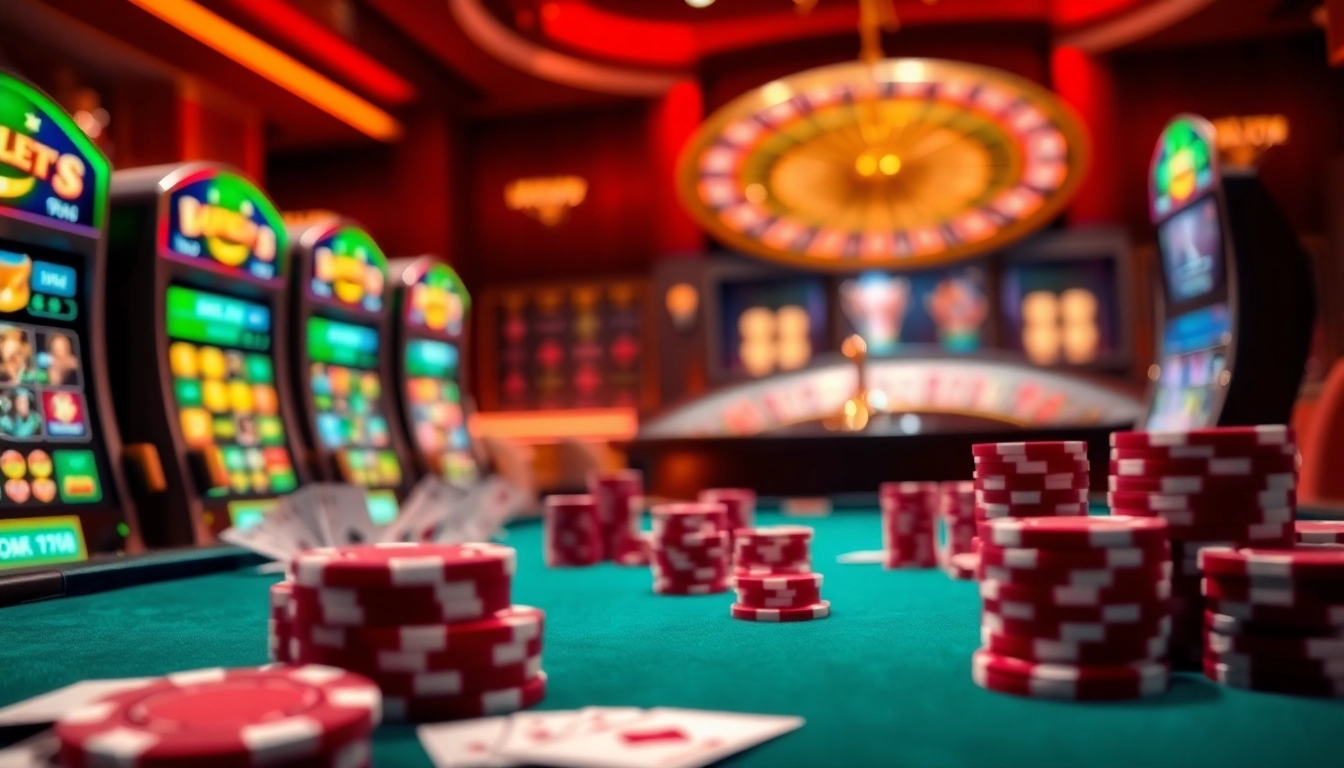 Experience the thrilling online gambling world at 88i com with poker chips and vibrant slot machines.