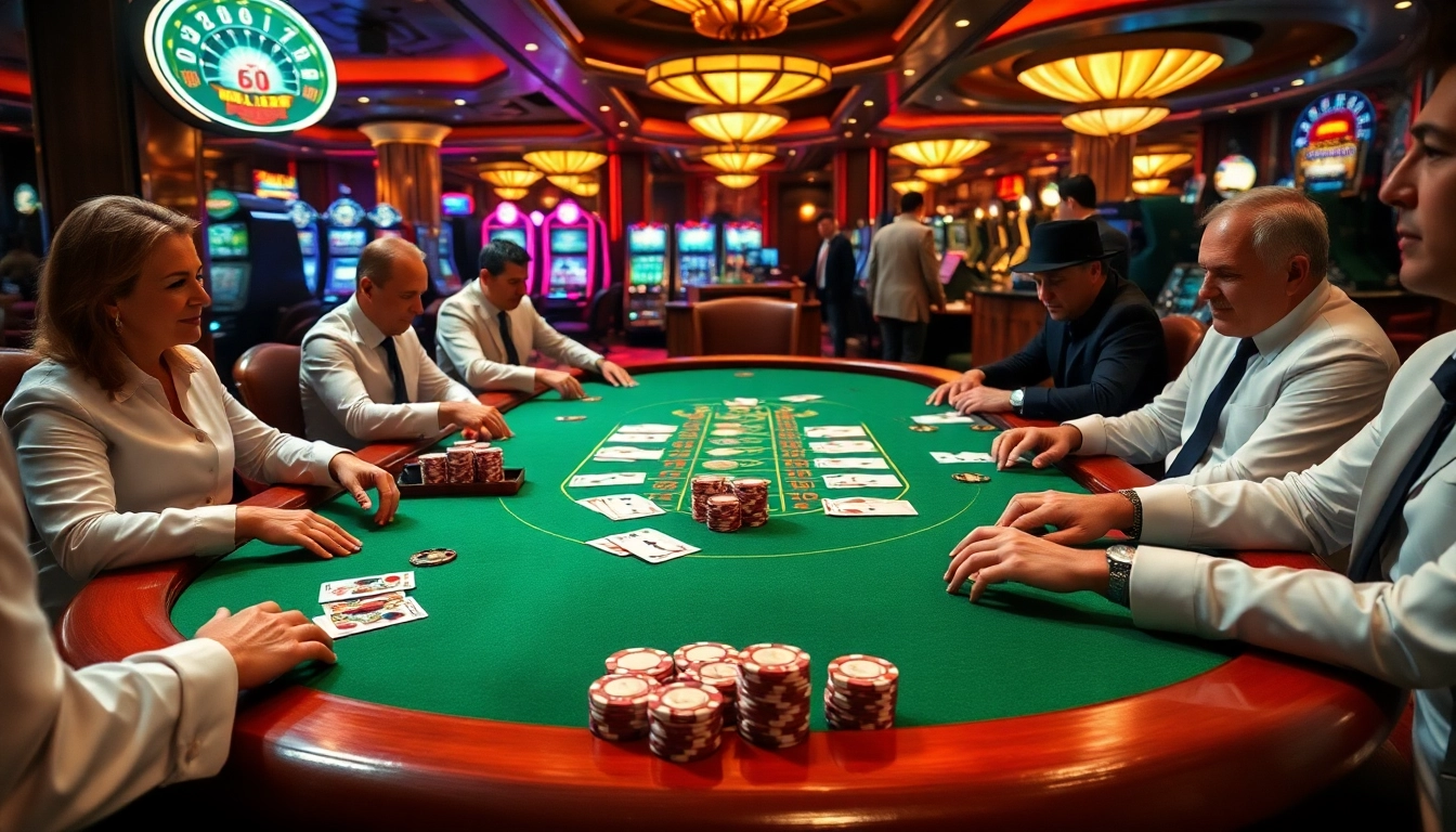 Players engaging intensely at a B52-themed poker table in a luxurious casino environment.