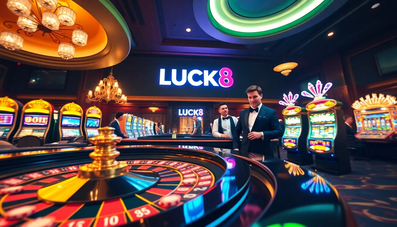 Trải nghiệm sự hào hứng của LUCK8 với các yếu tố casino rực rỡ, bao gồm roulette và máy đánh bạc.