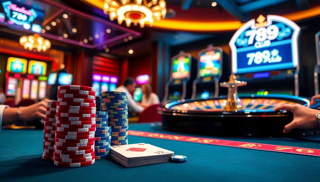 Engaging scene of high-stakes poker players at 789club casino table with colorful chips and cards.