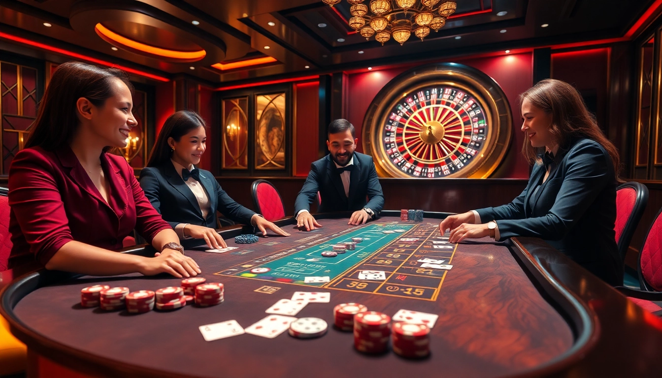 RR88 casino scene featuring a luxurious blackjack table with vibrant poker chips and a roulette wheel.