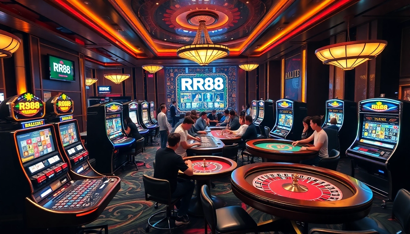 Players enjoying games at RR88 casino with vibrant slot machines and exciting poker tables.