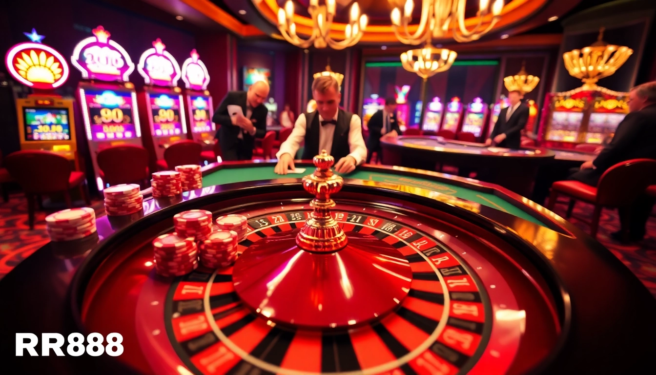 Engaging scene at RR88 casino with vibrant roulette table and excited gamblers.