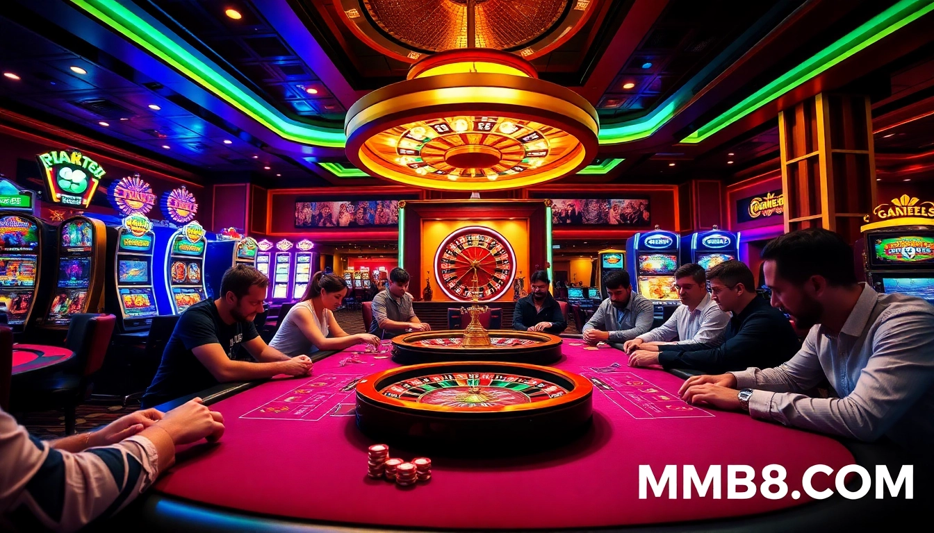 Engage in the excitement of MM88 COM with a vibrant casino scene featuring players at a gaming table.