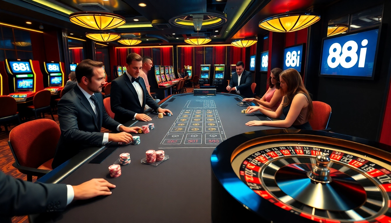 Players engaged in a thrilling blackjack game at 88i casino, vibrant poker chips stacked high.