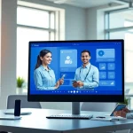 现代办公室场景中的美洽客服平台界面，配有一名客服代表。