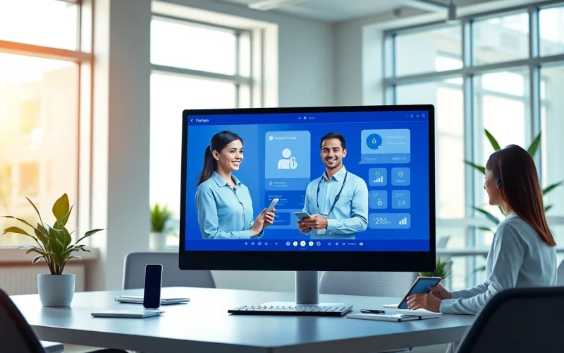 现代办公室场景中的美洽客服平台界面，配有一名客服代表。