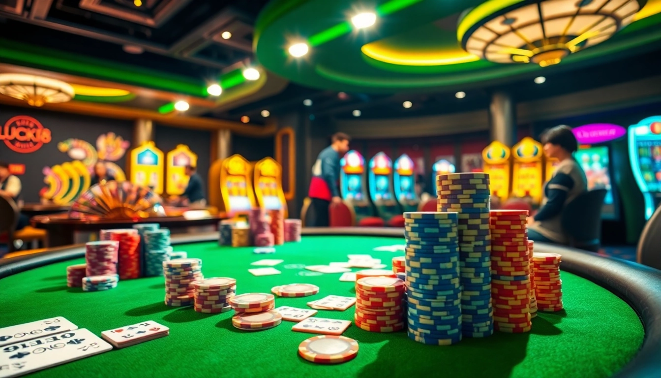 Người chơi đang tận hưởng một trò chơi đầy kịch tính tại bàn casino LUCK8、LUCKY8, với những chip và thẻ bài đầy màu sắc.