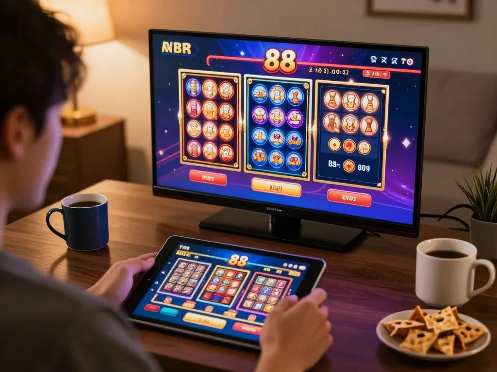 Engaging in online casino gaming on TV88 with vibrant games displayed on a tablet in a cozy home.