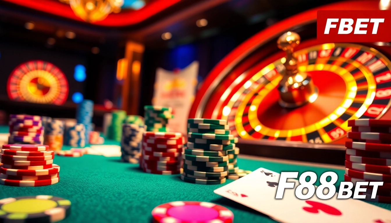 Engaging scene of F88BET casino table with chips and cards, creating excitement and luxury.