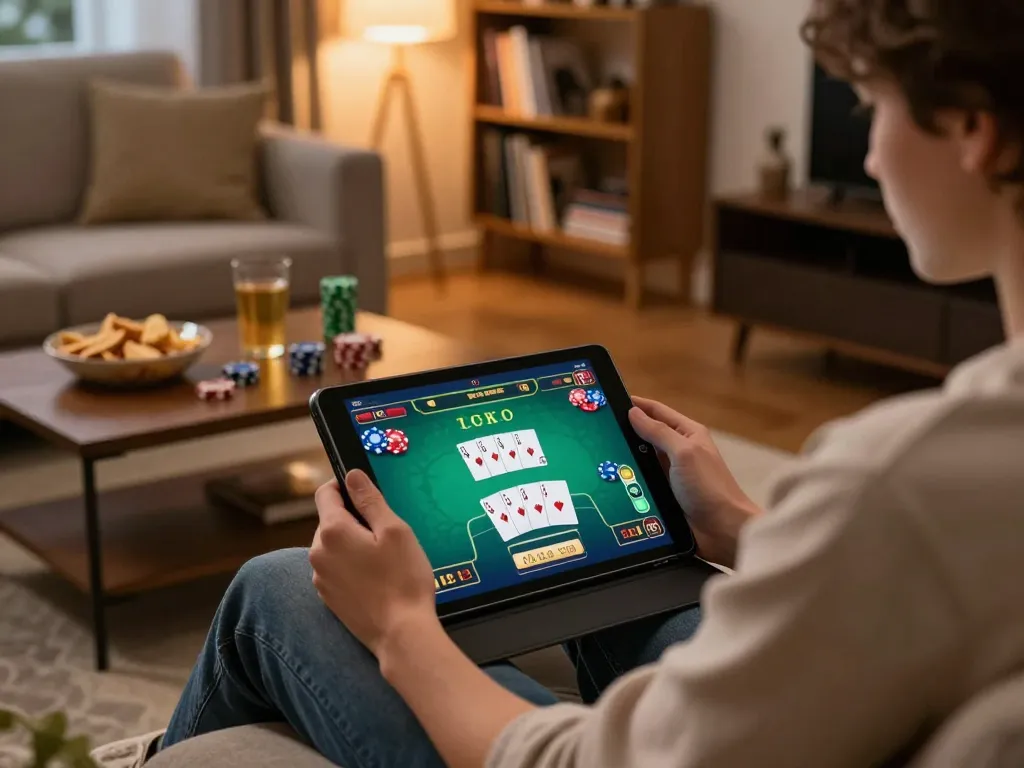 Engaging in a poker game on 56WIN tablet at cozy home setup.