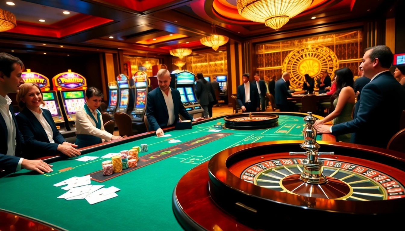 33win players enjoying poker at an upscale casino with vibrant lights and atmosphere.