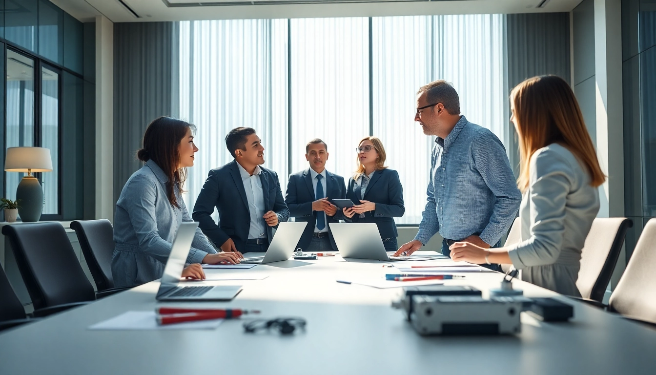 Headhunter Ingenieure im Gespräch mit einem Ingenieure-Team in einem modernen Büro.